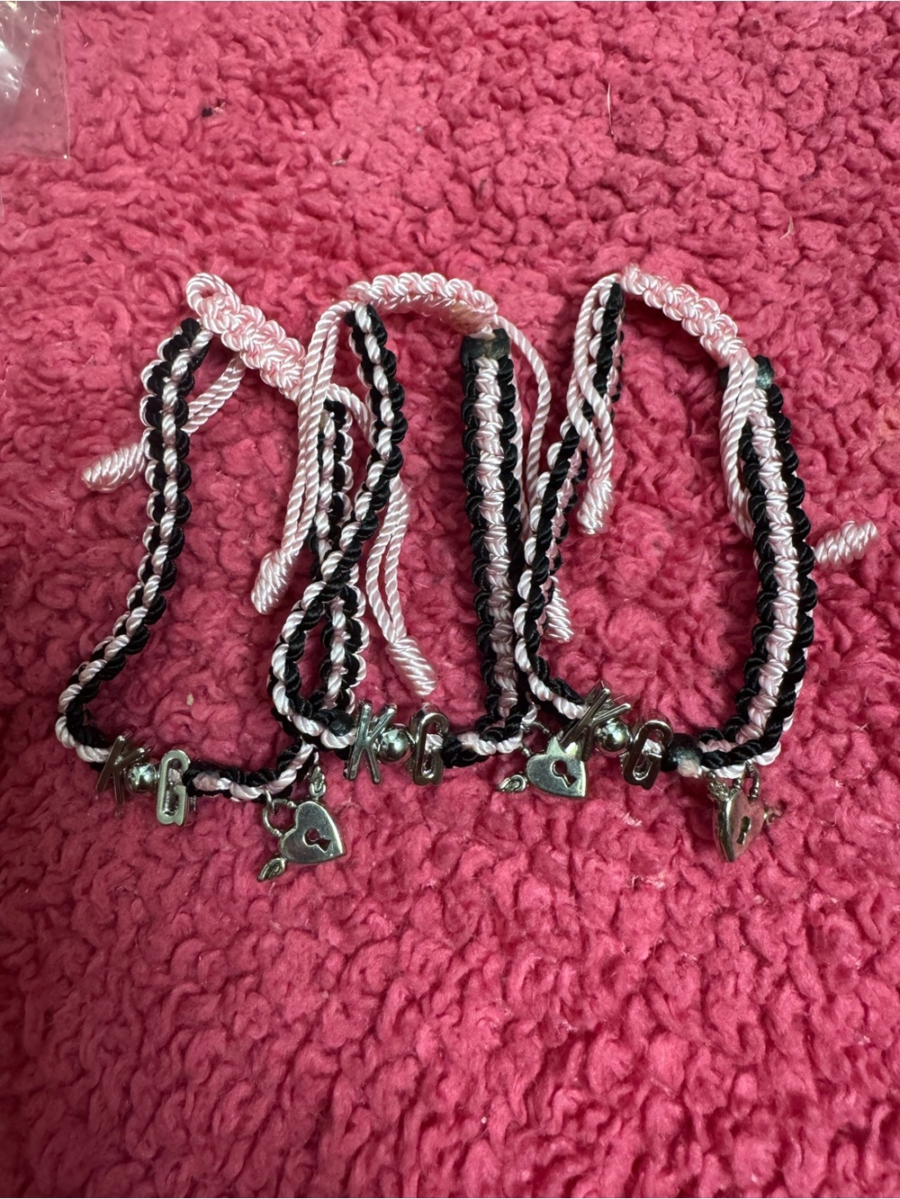 Handmade Pink & Black Braided Charm Bracelet Set